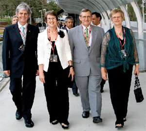  On the new Eleanor Schonell Bridge with wife Barbara and UQ Secretary and Registrar Douglas Porter and wife Janet
