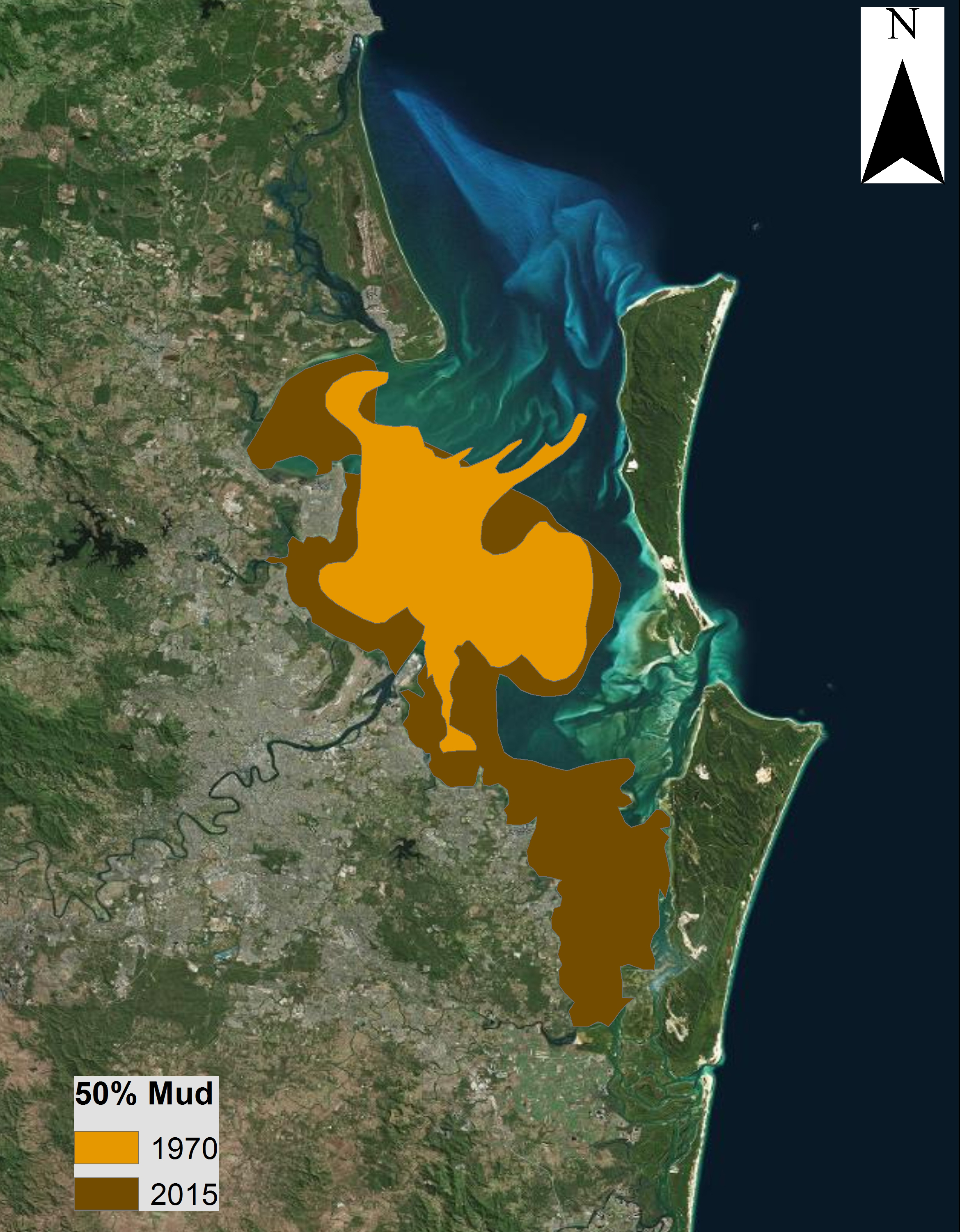 The yellow area was mud in 1970; the brown area is mud in the latest survey.