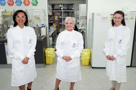 (L-R) Professor Linda Lua, Ms Carmel Taylor and Dr Alyssa Pyke during their visit to UQ's Protein Expression Facility. 