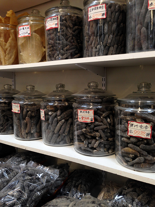 Dried sea cucumbers in glass jars on a shelf