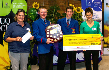 Image: Sue Thompson from the Australian Sunflower Association joins Downlands College students Baxter McCamley and Jase Lamborn with DowAgroSciences Rosanna Common.