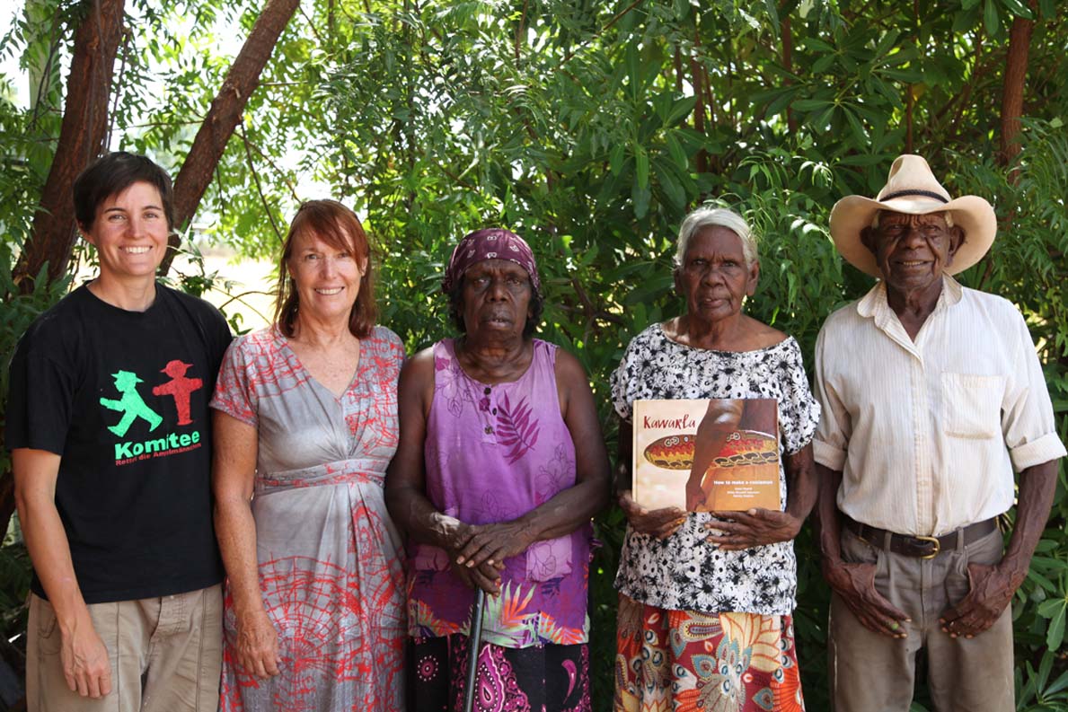 The Kawarla book team: (L-R) Felicity Meakins (linguist), Penny Smith (photographer), Violet Wadrill, Biddy and Jimmy Wavehill (Gurindji language experts, painters and coolamon makers).