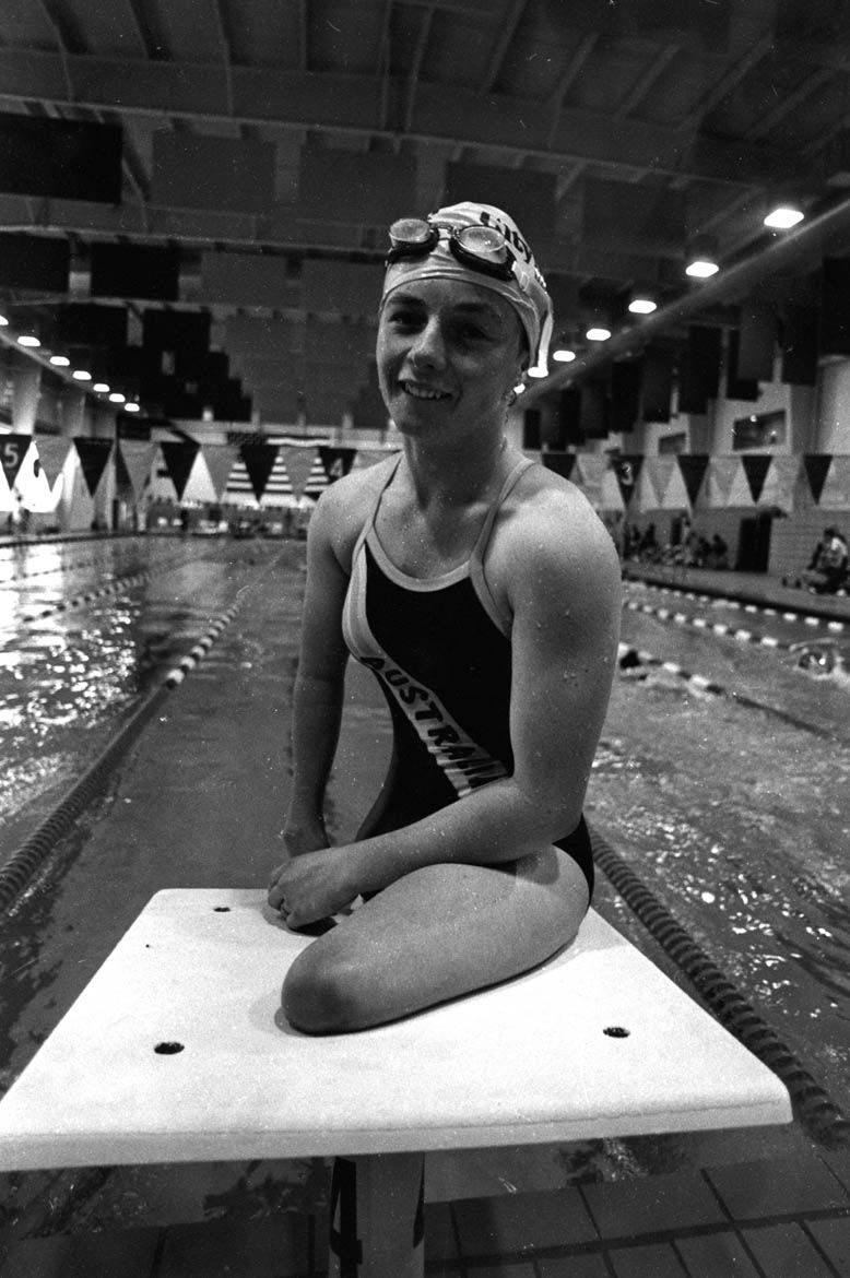 Anne Currie (now Brunell) poses on the blocks during a training session at the 1984 Paralympic Games in New York.