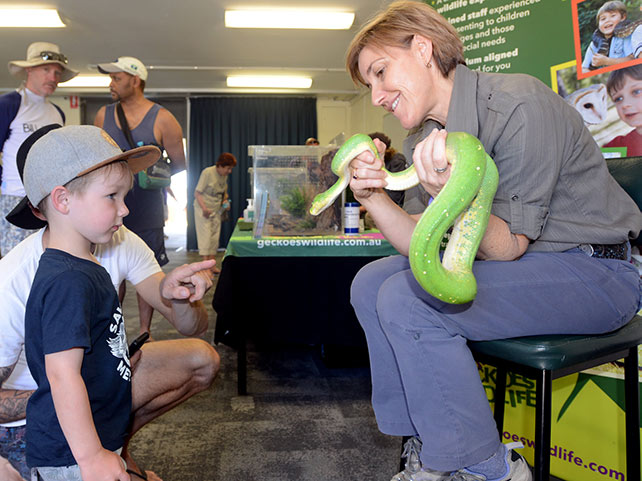 Staff handling green snake in front of child and parent