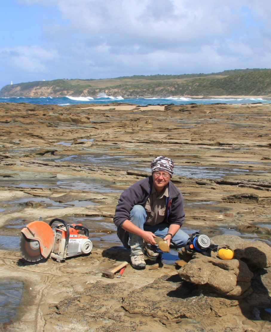 The late David Pickering on the coastal shore-platform near where Diluvicursor pickeringi was discovered. Image: Matt Herne.