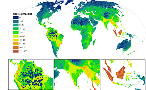 Map showing hot spots of human impacts on threatened species.