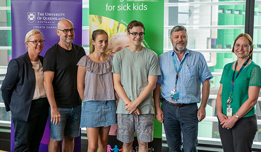 L-R Rosie Simpson, CEO Children's Health Foundation; Greg Dunn; Mya Dunn; Aidan Dunn; Professor Peter Sly; Professor Claire Wainwright 