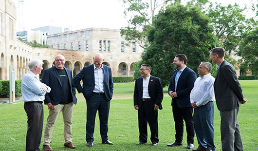 UniQuest project manager Howard Leemon, Envirosuite Chief Scientist and Founder Robin Ormerod, Envirosuite CEO Peter White, UQ’s Advanced Water Management Centre (AWMC) Director and lead researcher, Professor Zhiguo Yuan AM, UniQuest Senior Director and Head of Physical Sciences Alister I. W. Morrison, UQ’s AWMC senior research fellow Dr Keshab Sharma and UniQuest Director, Commercialisation – Physical Sciences, Derek Stephens.