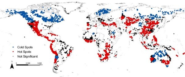 Map of mining hotspots on world map