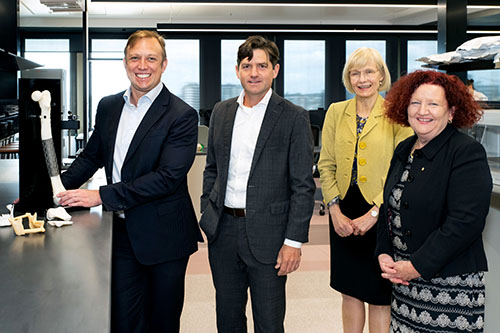 Deputy Premier and Minister for State Development, Infrastructure, Local Government and Planning Steven Miles, Herston Biofabrication Institute Director Michael Wagels, UQ Vice-Chancellor Professor Deborah Terry, and QUT Vice-Chancellor Professor Margaret Shiel. (Photo: Roger Phillips)