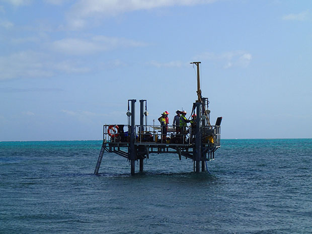 UQ's Dorothy Hill Research Vessel drilling reef cores for further analysis at the university's Radiogenic Isotope Facility