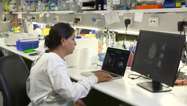 researcher looks at brain scan images on a laptop