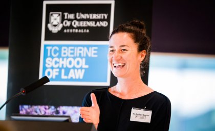 Guest speaker Bridget Burton from Legal Aid Queensland shared anecdotes and highlights of her career with the students at the awards. Guest speaker Bridget Burton from Legal Aid Queensland shared anecdotes and highlights of her career with the students at the awards.