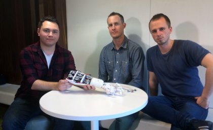 UQ Robotics Club members Fabian Vasuain and Lex Van Cooten with amputee consultant Ben Tarbuck (centre). UQ Robotics Club members Fabian Vasuain and Lex Van Cooten with amputee consultant Ben Tarbuck (centre).