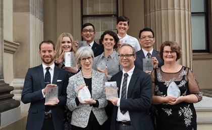 L to R: Joseph Powell, Penelope Sanderson, Ian Hesketh, Linda Worrall, Elizabeth Worrall on behalf of Alice Hayward, Danielle Shanahan on behalf of Richard Fuller, Zhongfan Jia, Bing-Jie Ni, Eve McDonald-Madden