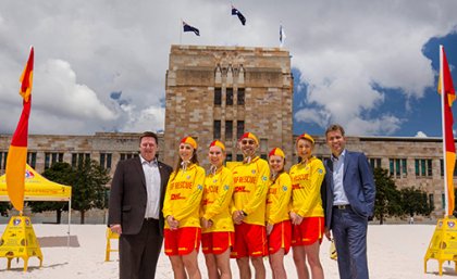 CEO of SLSQ John Brennan and UQ Vice-Chancellor Professor Peter Høj with SLSQ volunteers