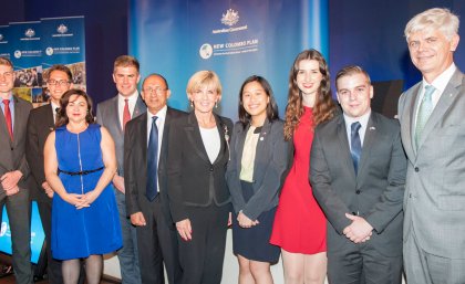 UQ's 2016 New Colombo Plan scholars ... from left, Patrick Walsh, Isaac Bennett, Professor Monique Skidmore, Samuel Bullen, UQ's new Chancellor Peter Varghese, Foreign MInister Julie Bishop, Chloe Yap, Carmen Garratt, Lachlan Kenway and UQ Adjunct Research Professor Ian Kemish.