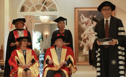 Greg Poche AO and Kay E. Van Norton Poche at their conferral ceremony in Sydney, with Pro-Vice-Chancellor (Indigenous Education) Professor Cindy Shannon (left), Pro-Vice-Chancellor (Advancement) Ms Claire Pullar, and Vice-Chancellor and President Professor Peter Høj.  Photo: Maja Baska 
