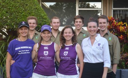 St Leo’s and Grace College students (back row) Ben Zerner, Isaac Dickinson –Gabriel Long, Everett Morris and (front row) Jessica Dicks, Amy Luckett, Alex Collins and Rachel Paterson.