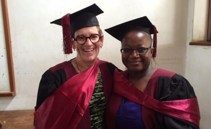 Judy Burrows (left) and Dina Kamowa at the University of Malawi, where they had been invited to take part in an academic procession for graduating students.