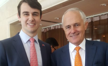 Elliot Johnson with Prime Minister Malcolm Turnbull in China. Elliot Johnson with Prime Minister Malcolm Turnbull in China.