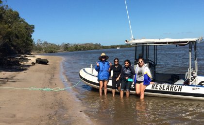 The researchers at work in Moreton Bay