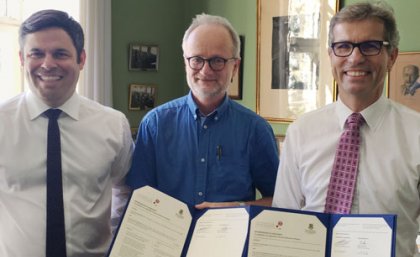 From left, Australian Ambassador to Denmark Damian Miller; Niels Bohr Institute director Professor Robert Krarup Feidenhans'l; UQ Vice-Chancellor Professor Peter Høj