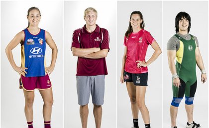 Left to right: Breanna Koenen (AFL), Callum Breetzke (Surf Life Saving), Meg Gemmell (Rugby Sevens), and Leo Lark (Weightlifting)