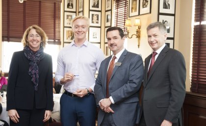 (L-R) American Institute of Aeronautics and Astronautics Executive Director Sandy Magnus; Karl Domjahn; Aviation Week Network President Greg Hamilton and Joe Anselmo, Editor-in-Chief, Aviation Week