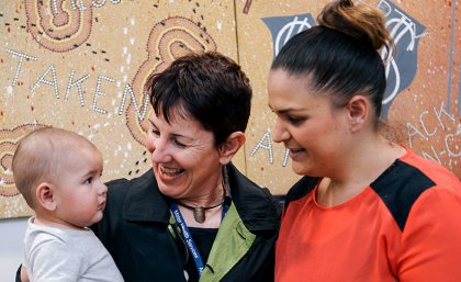 Professor Sue Kildea and Karina Hogan, one of the first mums through the Birthing On Country program Professor Sue Kildea and Karina Hogan, one of the first mums through the Birthing On Country program
