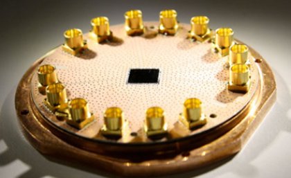 Superconducting quantum circuit used to relay quantum information.  Photograph courtesy Y. Liu, ETH Zurich.