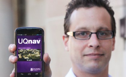 Aaron McDowall of The University of Queensland shows off the UQnav app. Aaron McDowall of The University of Queensland shows off the UQnav app.