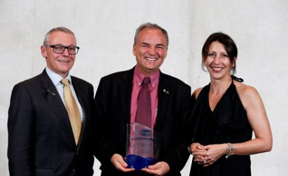 Professor Jurg Keller receiving the Water Professional of the Year award from Australian Water Association CEO, Tom Mollenkopf (Left) and President, Lucia Cade (Right)