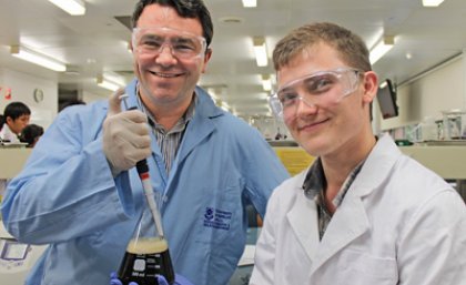 UQ's Dr James Fraser and student Cody Price dabble in the art of Guinness beer brewing. UQ's Dr James Fraser and student Cody Price dabble in the art of Guinness beer brewing.