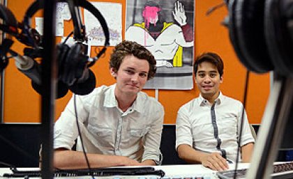 UQ Summer Research Program students Daniel Rawlinson and Lanz de Jesus in a JAC Radio recording room at the School of Journalism and Communication