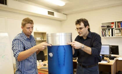 In the early stages of the scramjet's assembly, Dr Sandy Tirtey of UQ and Dr Roberto Gardi of Italian Aerospace Research Centre (CIRA) attach winglets made of a ceramic material which will be tested on its flight in Norway this year.