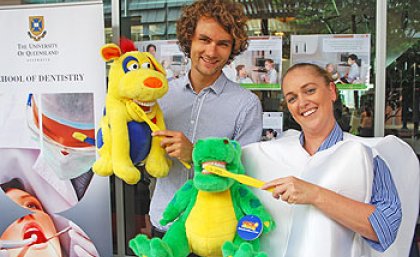 Fifth year dental student Brett Steele and Senior Dental Assistant Julie Davidson outside UQ's new dental clinic at the Ipswich campus