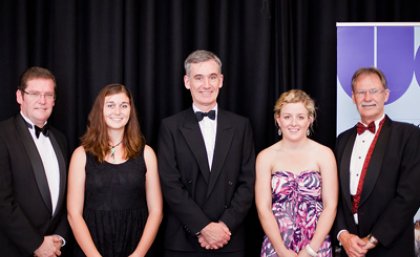 The Hon John McVeigh, Ms Eryn Wrigley, Professor Stephen Walker, Ms Hannah Avery and Professor Ray Collins at a black tie dinner for 20th anniversary celebrations of UQ's Agribusiness and Rural Management program.