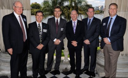 From left, John Story (Chancellor of UQ), Dr Gregory Harper (Director, External Engagement, CSIRO Animal, Food and Health Sciences), Professor Peter Høj (Vice-Chancellor of UQ), Campbell Newman (Premier of Queensland), John McVeigh (Queensland Minister for Agriculture, Fisheries and Forestry) and David Inall (Chief Executive Officer Cattle Council of Australia).