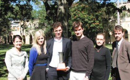 Moot competition winners (from left) Michelle Taylor from UQ team sponsor Norton Rose, Bianca Kabel, Joshua Underwood, Mitchell Beebe, Coach Dr Sarah Derrington, and UQ Law School Director of Mooting Dr Peter Billings.