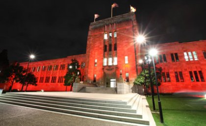 The Forgan Smith building at the UQ St Lucia campus is lit up red in support of MS Awareness Month. The Forgan Smith building at the UQ St Lucia campus is lit up red in support of MS Awareness Month.