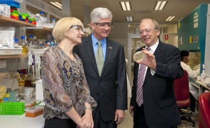 Vice-Chancellor Professor Deborah Terry discussed UQ's suite of biofuels research with the US Navy's Director for Operational Energy, Chris Tindal, and the AIBN director, Professor Peter Gray (right).