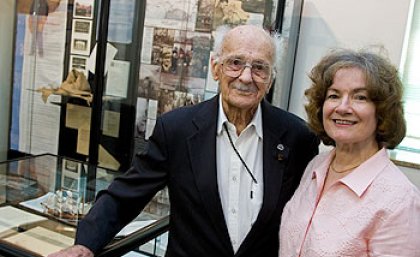 Antarctic adventurer Dr Alf Howard is honoured with a special UQ Library exhibition marking his 100th birthday in 2006. Dr Anna Bemrose (right) curated the exhibition.