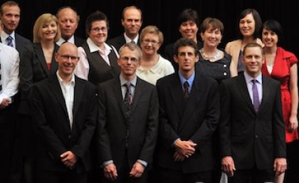 Front Row (L to R), Associate Professor Massimo Gasparon, Professor Michael Drinkwater, Dr Simon Perry, Dr Phillip Isaac. Second Row (L to R) Dr Daniel Schull, Dr April Wright, Associate Professor Lisa Nissen, Dr Patricia Short, Dr Monica Moran, Miss Jacqueline Bond. Third Row (L to R) Professor Arne Dahle, Professor Peter Dux, Mr Carl Sherwood, Dr Winnifred Louis, Ms Jane Furnas.