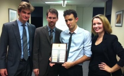 National mooting title holders: from left, Mitchell Beebe, Dr Peter Billings (coach), Abraham O'Neil and Hannah McConnachie.