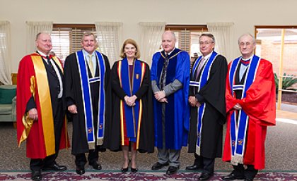 (From left) Emmanuel College Council Deputy Chair John Fenwick, The Hon Ian Mcfarlane MP, the Governor of Queensland Her Excellency Penelope Wensley AC, The Reverend Professor James Haire AM, Deputy Prime Minister and Treasurer The Hon Wayne Swan MP and Emmanuel College Principal Stewart Gill