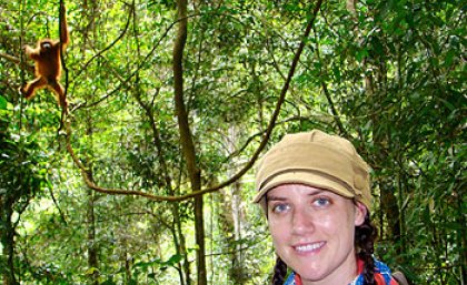 Dr Emma Collier-Baker working with orangutans in Sumatra in 2010