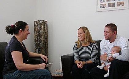 Researcher Shari Bonnette (left) with Melinda and Rob Tooze and their baby Chase Researcher Shari Bonnette (left) with Melinda and Rob Tooze and their baby Chase