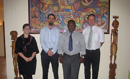 Sarah Teitt (Outreach Director R2P Centre), Dr Morgan Brigg (UQ School of Political Science and International Studies), Deputy Prime Minister Solomon Islands Manasseh Maelanga, Australian High Commissioner to Solomon Islands Matt Anderson