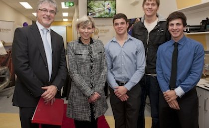 Newcrest HVAC Lab opening: From left, UQ Head of the Division of Mining, Professor Peter Knights, Newcrest’s Executive General Manager People and Communications, Debra Stirling, and Newcrest Scholarship recipients, Declan Scott, Benjamin Poole and Michael Zappala.